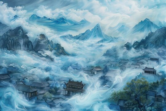 painting depicts a Chinese village in mountainous region in a background with clouds
