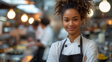 A smiling young African-American female chef with curly hair in white uniform and black apron in a restaurant kitchen