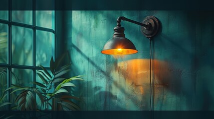 Cinematic capture of a wall lamp emitting a warm and inviting glow, casting captivating shadows an - obrazy, fototapety, plakaty