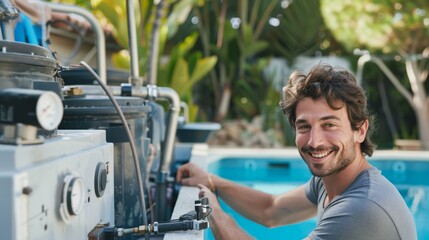Smiling man operating pool cleaning equipment. Outdoor maintenance work portrait - obrazy, fototapety, plakaty