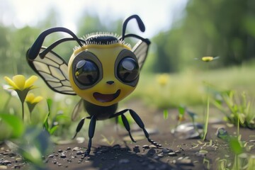 cartoon bee with black and yellow wings stands on a field