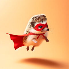 An adorable superhero created with artificial intelligence, featuring a hedgehog with a red cape on its back and a red mask over its eyes, standing against an orange background