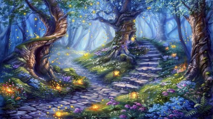  A forest path, painted with glowing fireflies above, leads to vibrant blooms below