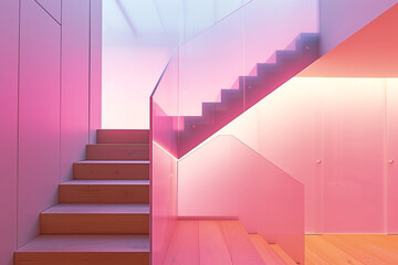 Soft pastel pink lighting over a light oak staircase with a frosted glass fence, adding a gentle, serene touch to a modern home.