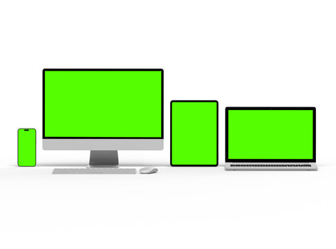 3d render of desktop, laptop, smartphone and tablet on a light background