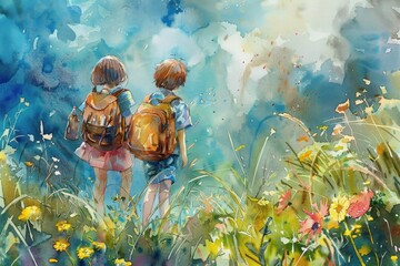 watercolor art of kids with backpacks standing in a field with flowers