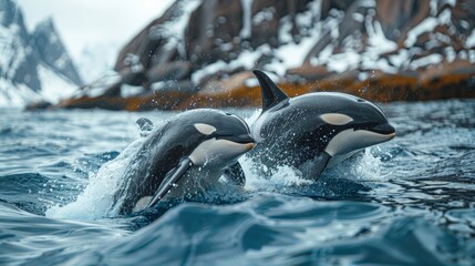 Obraz premium orcas jumping to the surface of the blue sea, snow capped mountains