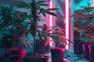marijuana plant indoor growing with pots and lights image