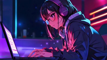 a girl wearing sunglasses sitting at the table, typing on the laptop and listen to music using headphones with bright color, anime, neon light effects.