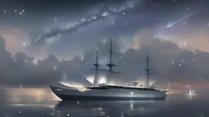 ship in the sea with milky way skies, flying snow and twinkling stars. - Powered by Adobe