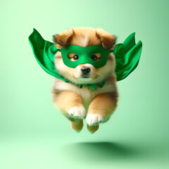 A cute superhero generated by artificial intelligence, consisting of a dog with a green cape on its back and a green mask on its eyes, standing in front of a green background
