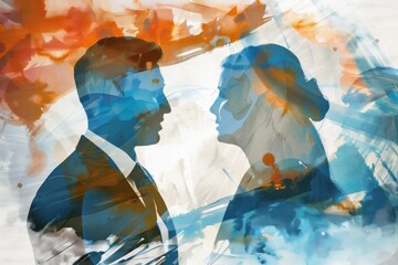 A double exposure illustration of two business people talking