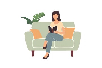 Woman sitting on the sofa reading a book in a flat vector illustration with a white background