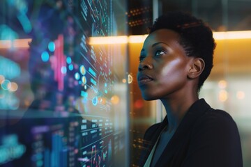 A black woman with short hair stands in front of an interactive glass wall displaying data graphs and charts