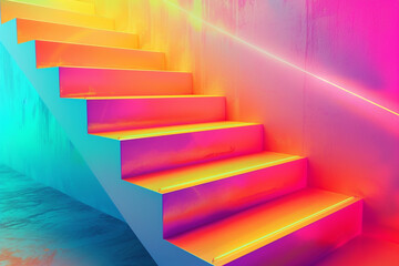Stairs in a gradient of neon colors, blending seamlessly from warm to cool tones