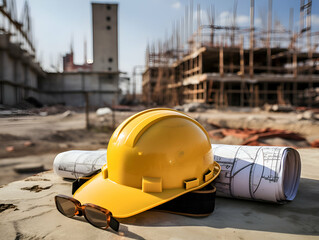 Yellow hard hat and construction drawings on the background of a building under construction