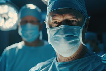 Closeup of an middle aged male surgeon in surgical and mask standing at the operating table