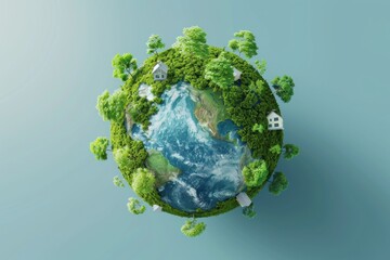 3D rendering of the Earth with trees and buildings on it