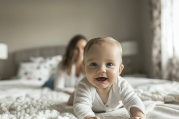 A happy baby crawling on the bed