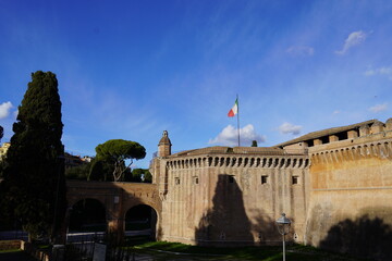 View of the Castel Sant' Angelo fortress, former mausoleum of Roman Emperor Hadrian, in Rome, Italy