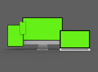 3d render of desktop, laptop, smartphone and tablet on a dark background