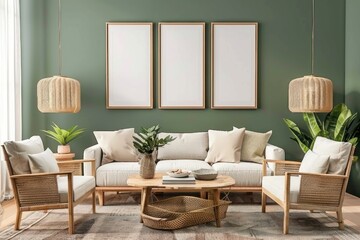 3 empty frame mockups on the wall of an elegant modern living room with green walls