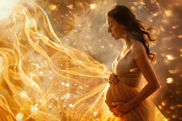 Pregnant woman surrounded in the style of swirling golden light