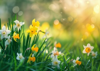 Vibrant Spring Daffodils Blooming in Lush Green Meadow Under Sunlight