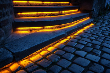 Stairs with neon yellow lights under each step, casting a warm glow on a cobblestone path