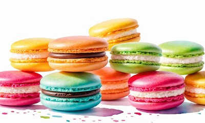 Fototapeta na wymiar Colorful macaroons with watercolor splashes on white background