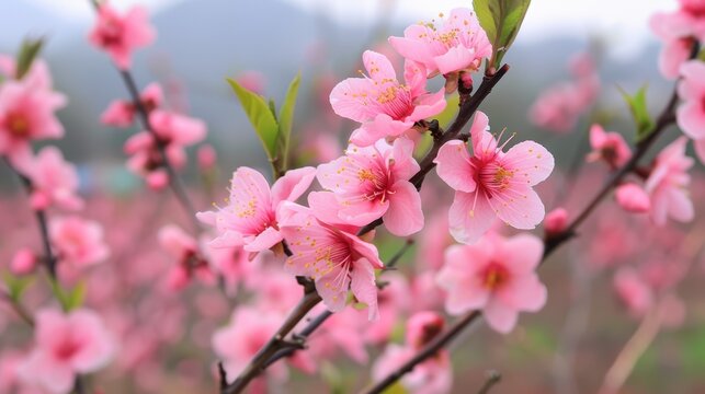 Pink peach blossoms in full bloom against a soft focus background. Springtime and natural beauty concept.