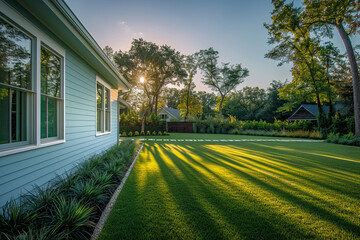Cool elegance of light blue home at sunset, shadows lengthening across lush green lawn. Modern landscaping accents scene in sharp, high-resolution detail, focusing on tranquil beauty.
