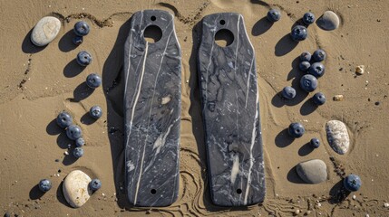  A trio of flip-flops lounges on a sandy seashore, nestled between rocks and a bounty of juicy blueberries - obrazy, fototapety, plakaty