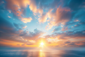 Naklejka na ściany i meble Beautiful sky with sunset and cloud background, blue sky with soft pastel colors of orange