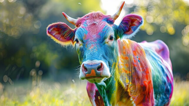 A cow with colorful skin in rainbow colors