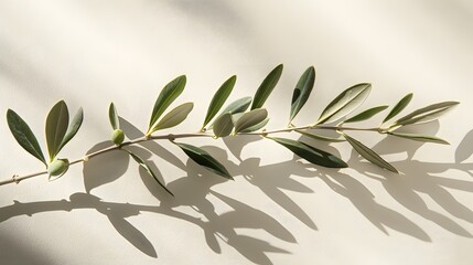 Olive Branch With Green Leaves on White Surface. Generative AI