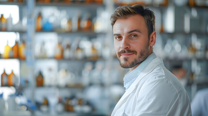 A man stands among numerous bottles on a shelf. Generative AI