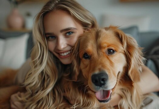 Happy dog and girl (owner) in home atmosphere. Labrador. Animal care concept. Pet store advertisement, cover for advertisement, picture for dog house. 