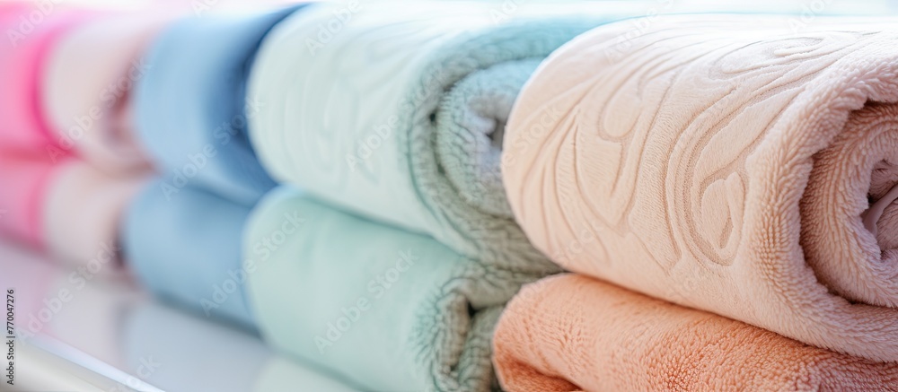 Poster neatly arranged folded towels in different colors stacked on a shelf in a modern bathroom