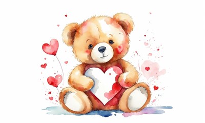 Teddy bear with heart on white background. Watercolor illustration.