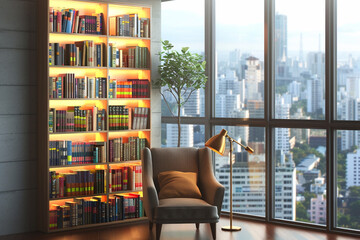Cozy reading nook in Scandinavian loft with comfortable armchair, sleek floor lamp, and small bookshelf filled with books. Large window offers natural light and stunning city skyline view. - obrazy, fototapety, plakaty