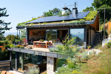 A sustainable eco-home with solar panels, rainwater harvesting system, and a living green roof.