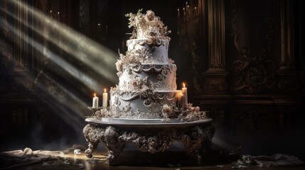 Ultra HD realistic chiaroscuro lighting with dramatic shadows across an ornate baroque embellished cake.