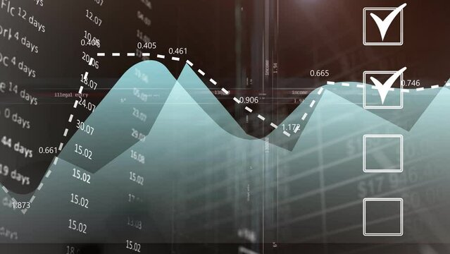 Graphs and charts with calendar plan and progress marks moving upward on a black background. Achieving set goals and solving problems. Cg footage