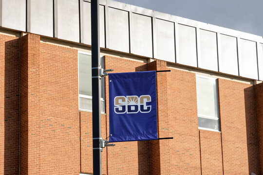 Harrisonburg, Virginia - Oct. 21, 2023: Banner for the Sun Belt Conference, a collegiate athletic conference affiliated with the NCAA's Division I