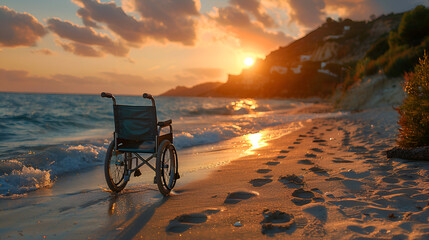 Wheelchair abandoned on sandy shore as waves wash away traces of a day. Concept: inclusivity, accessibility, new horizons, escape, hope - obrazy, fototapety, plakaty