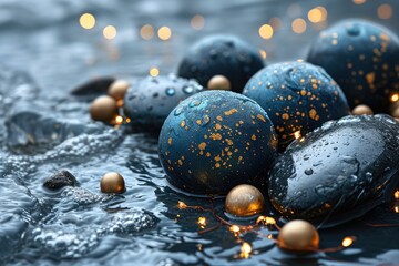 Gray and golden stones in water, banner for massage parlor