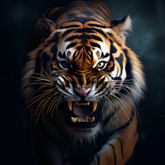 Fototapeta premium Portrait of a tiger on a dark background. Close up.