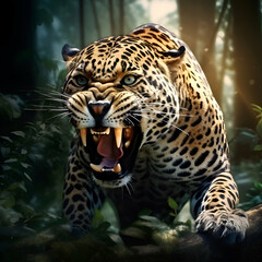 Obraz premium Portrait of a leopard in the jungle. 3d rendering
