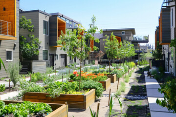 A sustainable residential community with energy-efficient homes, community gardens, and pedestrian-friendly paths.